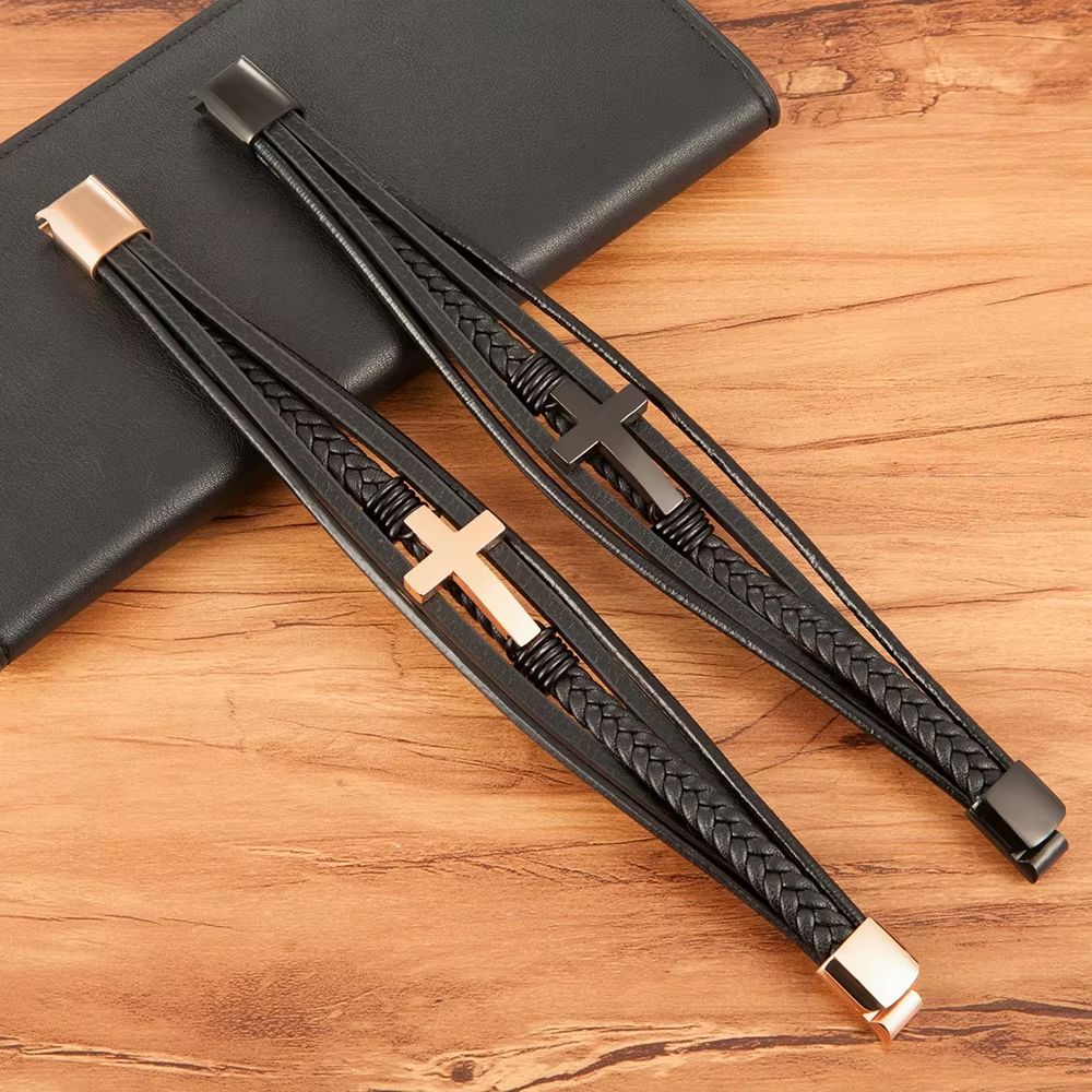 XQNI Luxury Mens Leather Bracelet  Multicolor Cross Design Stainless Steel Adjustable Fashion Acces 1