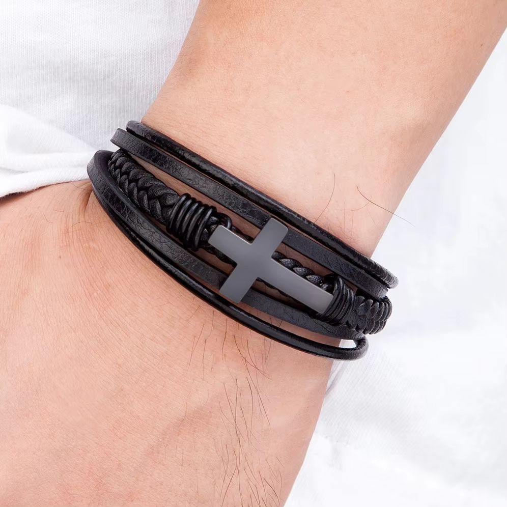 XQNI Luxury Mens Leather Bracelet  Multicolor Cross Design Stainless Steel Adjustable Fashion Acces 4