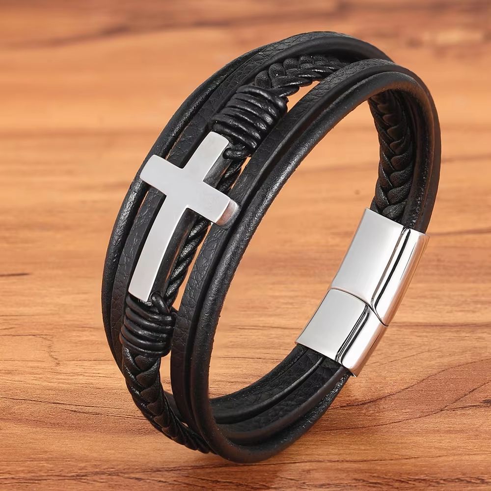 XQNI Luxury Mens Leather Bracelet  Multicolor Cross Design Stainless Steel Adjustable Fashion Acces 7