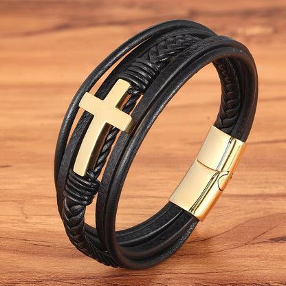 XQNI Luxury Mens Leather Bracelet  Multicolor Cross Design Stainless Steel Adjustable Fashion Acces 8