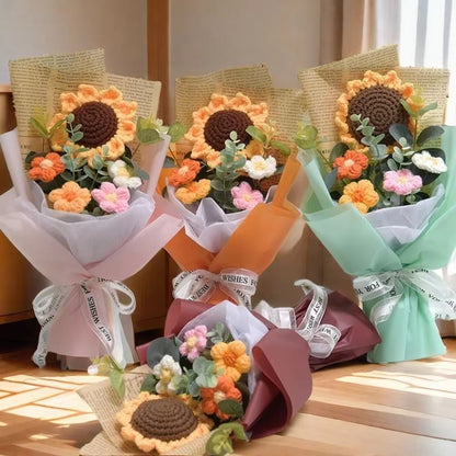 Handmade Crochet Flower Bouquet – Artificial Flower Sunflower & Daisy Arrangement for Anniversary, Mother's Day, and Bir