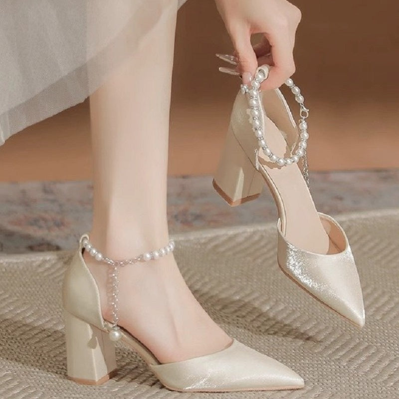New Elegant Pearl-Embellished Satin Heels Chunky Low Heel Bridal Shoes with Adjustable Ankle Strap for Brides & Special