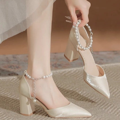 New Elegant Pearl-Embellished Satin Heels Chunky Low Heel Bridal Shoes with Adjustable Ankle Strap for Brides & Special
