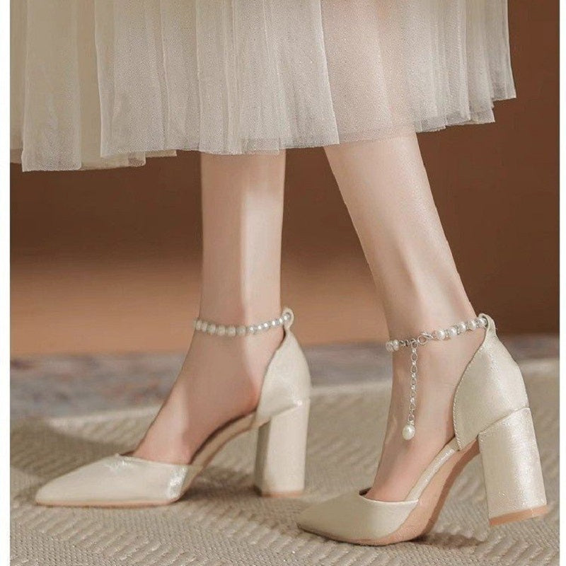 New Elegant Pearl-Embellished Satin Heels Chunky Low Heel Bridal Shoes with Adjustable Ankle Strap for Brides & Special