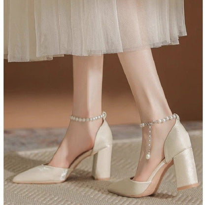 New Elegant Pearl-Embellished Satin Heels Chunky Low Heel Bridal Shoes with Adjustable Ankle Strap for Brides & Special