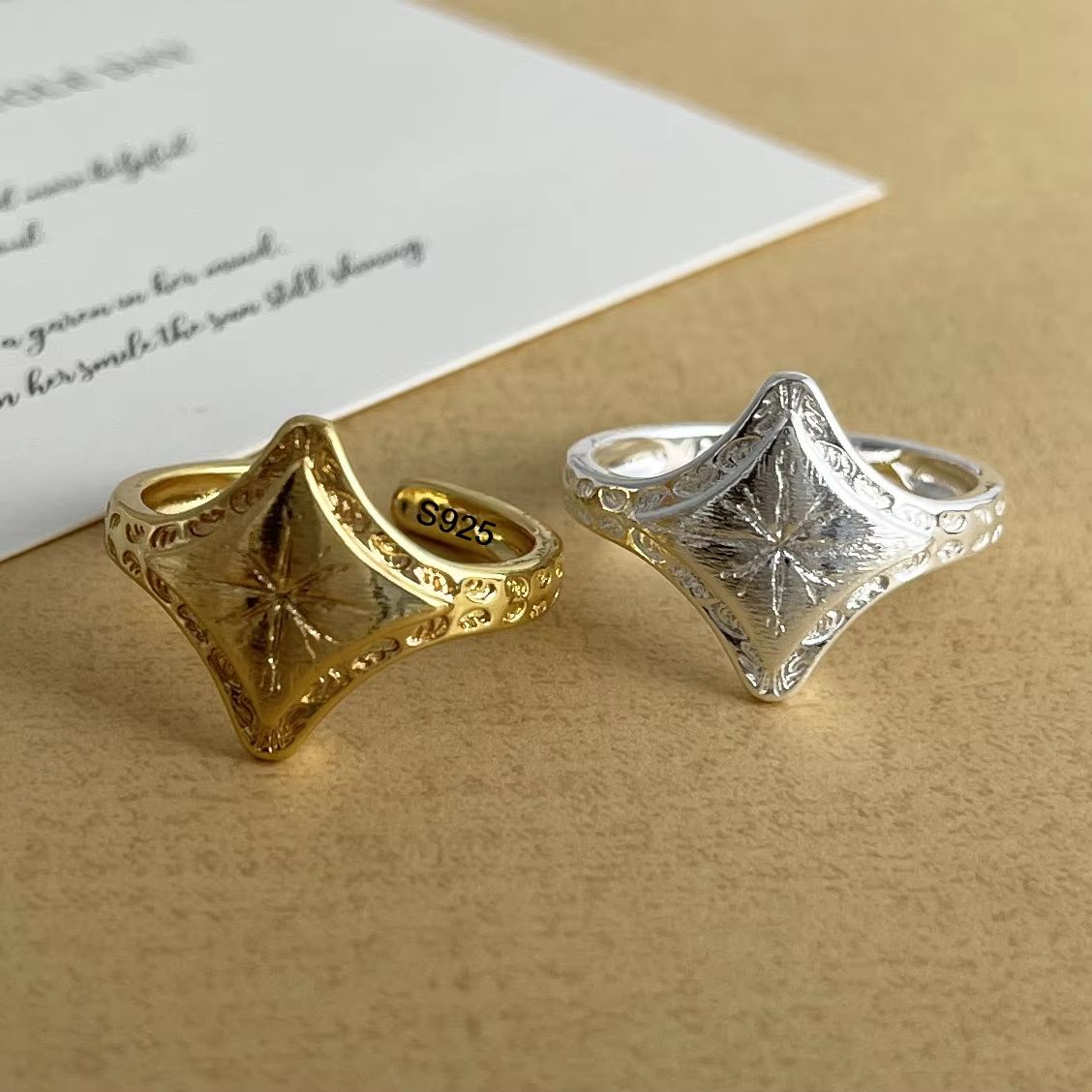 Minimalist 925 Sterling Silver Ring For Women  Handmade Gold Star Design AllergyResistant Fine Jewe 1