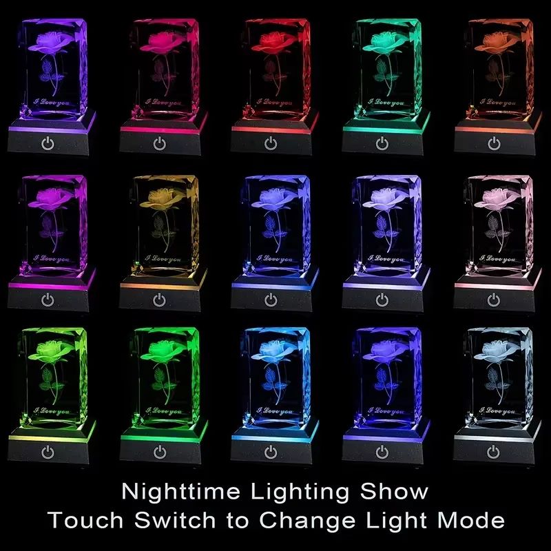 Romantic 3D Rose Crystal Night Light  Colorful LED Lamp For Birthday Anniversary Or Valentines Day  2