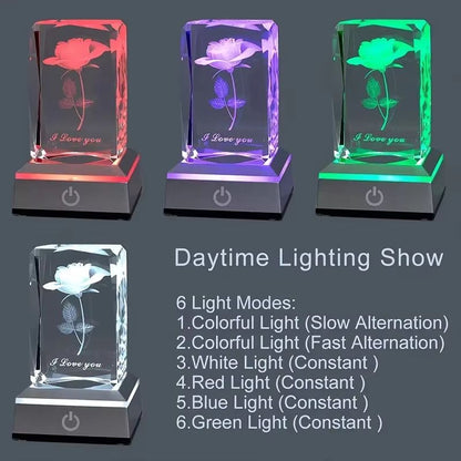 Romantic 3D Rose Crystal Night Light  Colorful LED Lamp For Birthday Anniversary Or Valentines Day  3