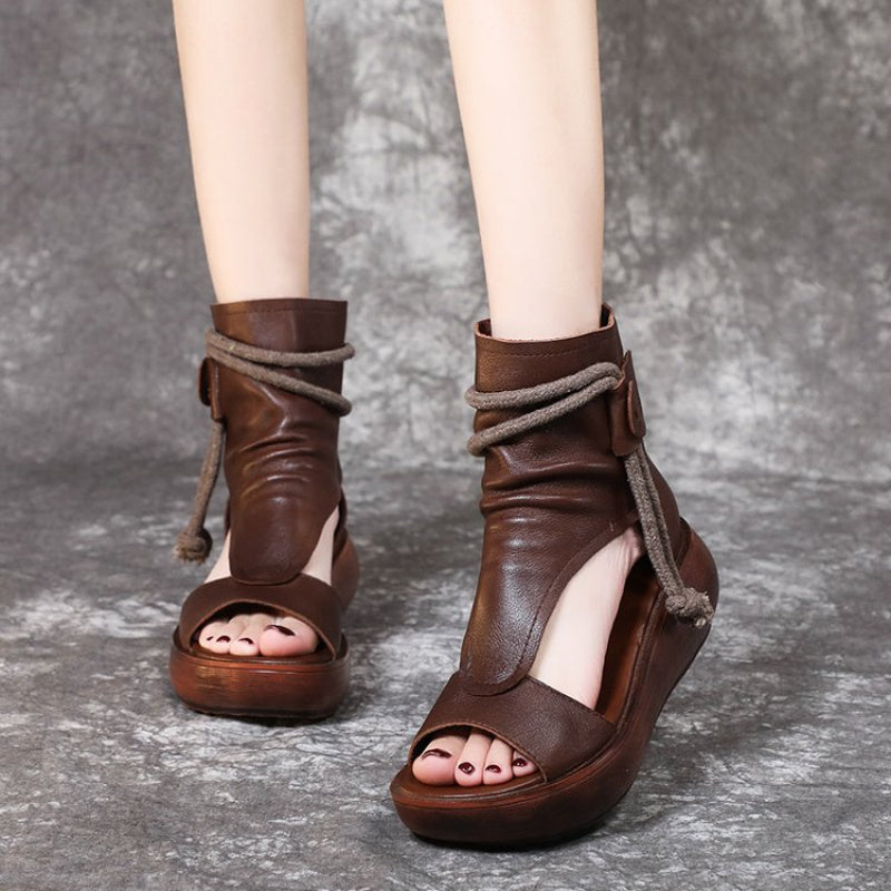 Retro Brown Chunky Wedge Peep-Toe Espadrille Sandals, New Bohemian Women's Leather Summer Shoes with Ankle Wrap