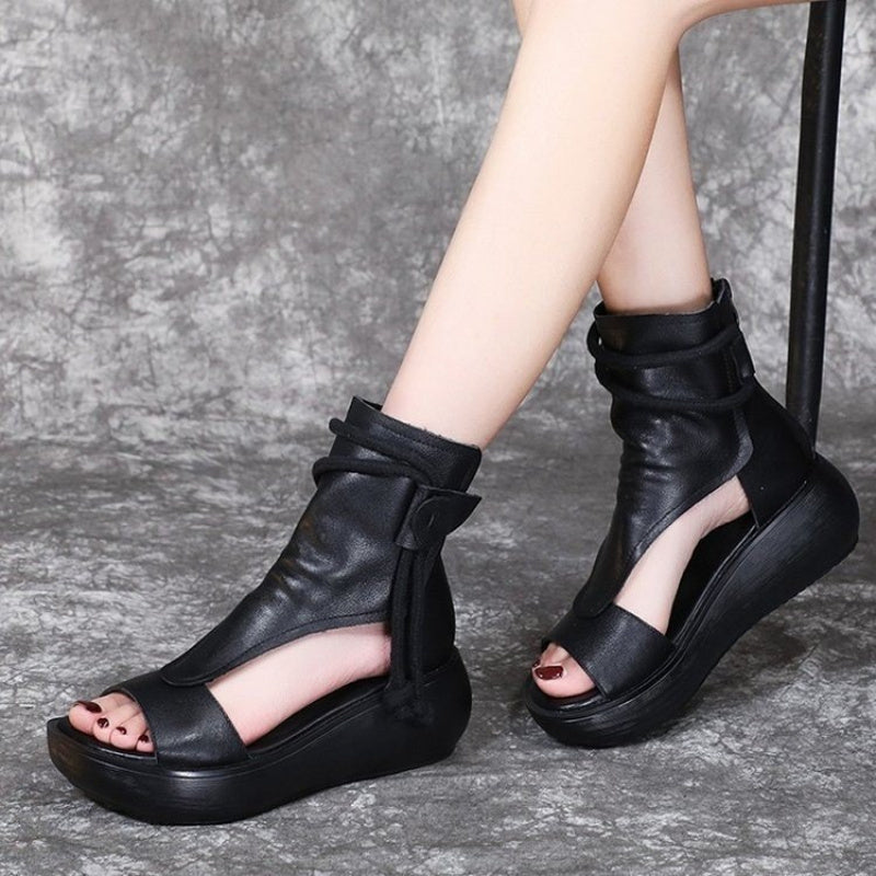 Retro Brown Chunky Wedge Peep-Toe Espadrille Sandals, New Bohemian Women's Leather Summer Shoes with Ankle Wrap