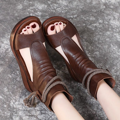 Retro Brown Chunky Wedge Peep-Toe Espadrille Sandals, New Bohemian Women's Leather Summer Shoes with Ankle Wrap