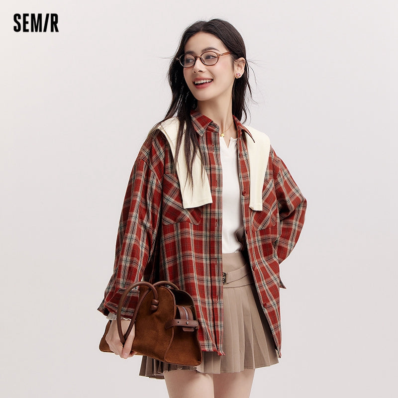 Semir Women's Shirt, Vintage Checkered Top, Oversize Long Sleeve, Mid Long Style, Spring New Fashion