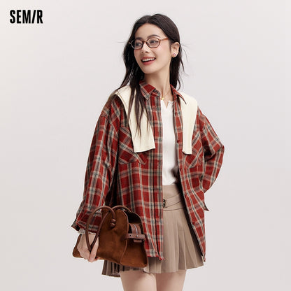 Semir Women's Shirt, Vintage Checkered Top, Oversize Long Sleeve, Mid Long Style, Spring New Fashion