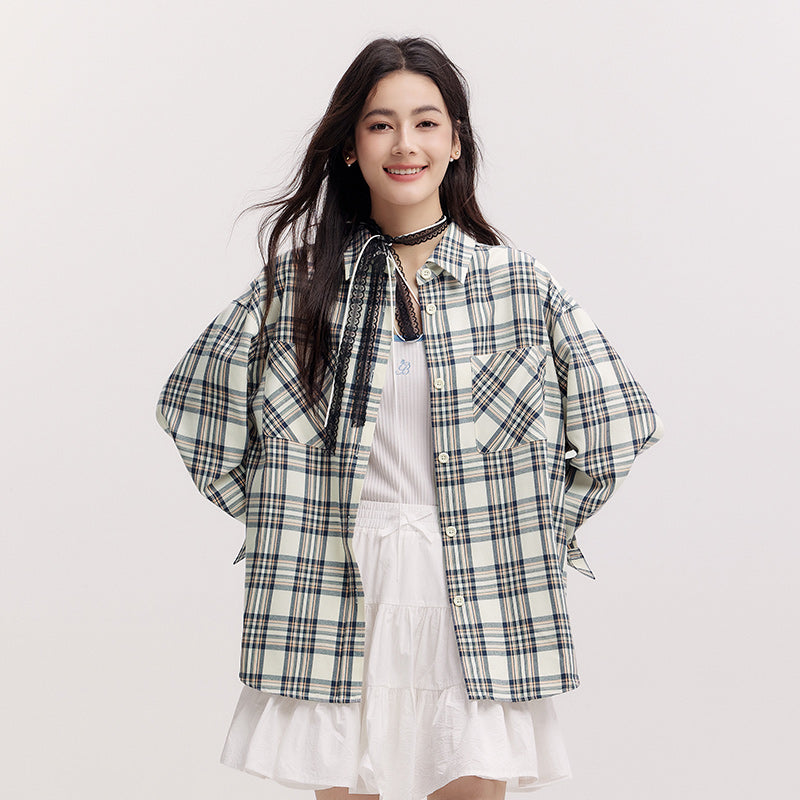 Semir Women's Shirt, Vintage Checkered Top, Oversize Long Sleeve, Mid Long Style, Spring New Fashion
