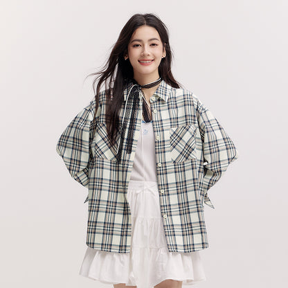 Semir Women's Shirt, Vintage Checkered Top, Oversize Long Sleeve, Mid Long Style, Spring New Fashion