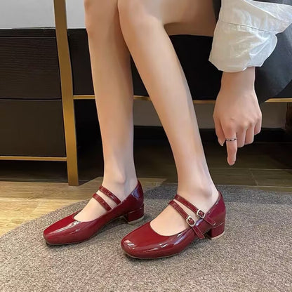 Vintage Burgundy Patent Leather Mary Jane Pumps for Women, Double Gold Buckle Low Block Heel Classic Dress Shoes