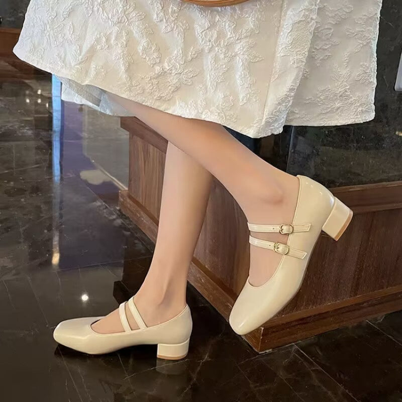 Vintage Burgundy Patent Leather Mary Jane Pumps for Women, Double Gold Buckle Low Block Heel Classic Dress Shoes