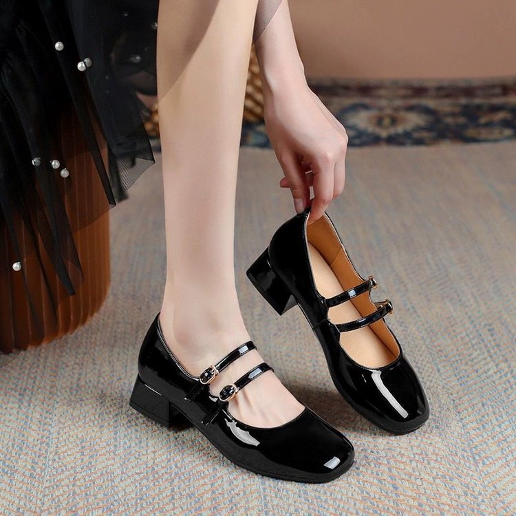 Vintage Burgundy Patent Leather Mary Jane Pumps for Women, Double Gold Buckle Low Block Heel Classic Dress Shoes