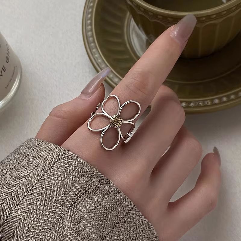 Handmade 925 Sterling Silver Big Flower Ring  Minimalist Couple Jewelry Gift 3