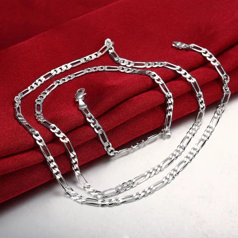 925 Sterling Silver Figaro Chain Necklace  Hip Hop Long Necklace For Women  Men 2
