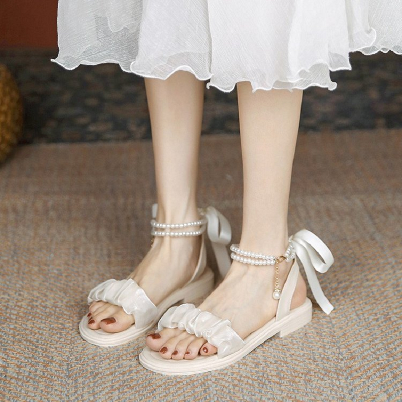 Fairy Style Gentle Beaded Ribbon Sandals, New Fashion Comfortable Small Skirt Party, Banquet & Walking Shoes for Women