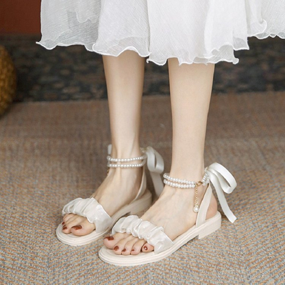 Fairy Style Gentle Beaded Ribbon Sandals, New Fashion Comfortable Small Skirt Party, Banquet & Walking Shoes for Women