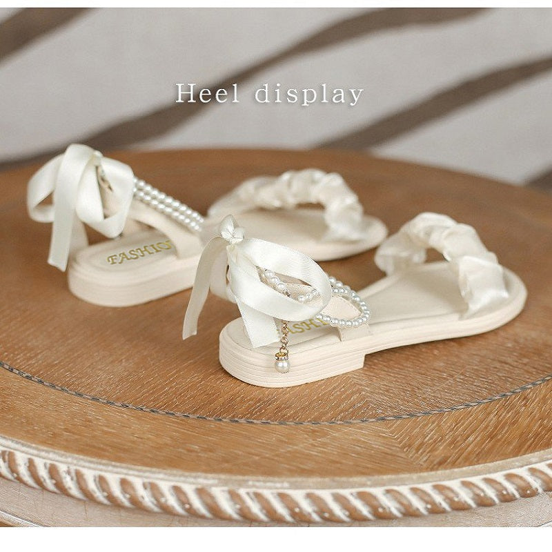 Fairy Style Gentle Beaded Ribbon Sandals, New Fashion Comfortable Small Skirt Party, Banquet & Walking Shoes for Women