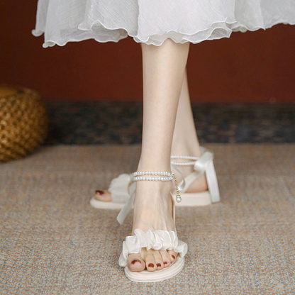 Fairy Style Gentle Beaded Ribbon Sandals, New Fashion Comfortable Small Skirt Party, Banquet & Walking Shoes for Women