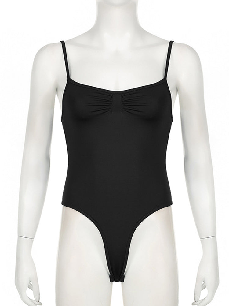 Sweetown Womens Bodysuit, Sleeveless Shirring Camisole, Skinny Spaghetti Strap Top, Black Solid Basic for Vacation