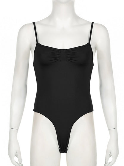 Sweetown Womens Bodysuit, Sleeveless Shirring Camisole, Skinny Spaghetti Strap Top, Black Solid Basic for Vacation