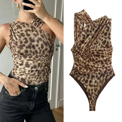 Leopard Print Bodysuit for Women, Off Shoulder, Sleeveless Mesh Lingerie, Sexy Summer Tulle Body