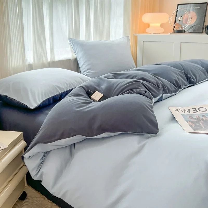 Solid Color 4Piece Brushed Fabric Bedding Set With Duvet Cover Bed Sheet And Pillowcases 9