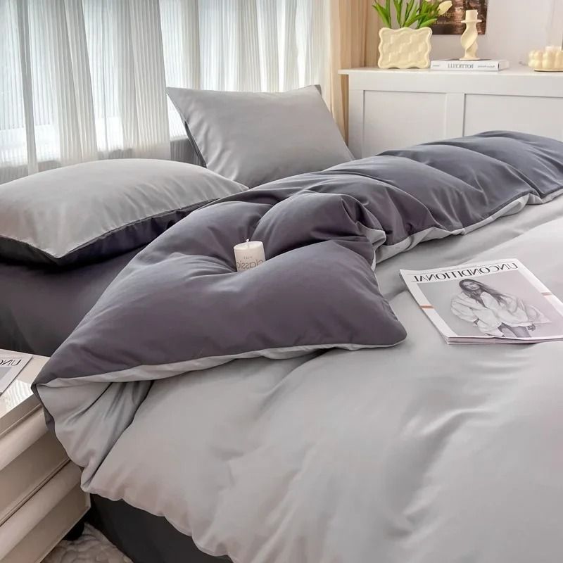 Solid Color 4Piece Brushed Fabric Bedding Set With Duvet Cover Bed Sheet And Pillowcases 10
