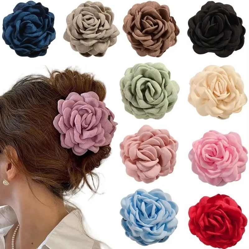 Cotton Rose Flower Hair Claw Clip – 16 Colors Medium Size Shark Clamp for Women