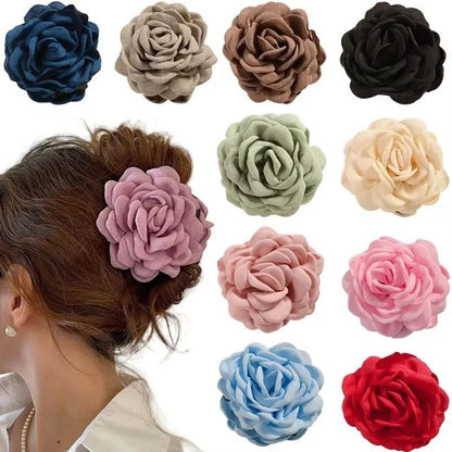 Cotton Rose Flower Hair Claw Clip – 16 Colors Medium Size Shark Clamp for Women