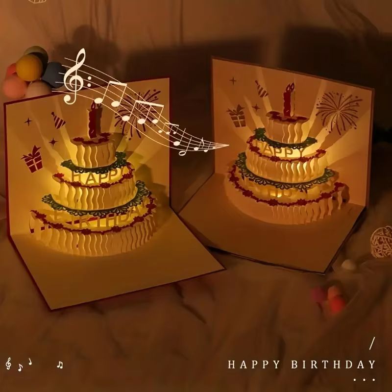 3D PopUp Musical Greeting Card  Birthday  Wedding LED Gift Card With Envelope 2