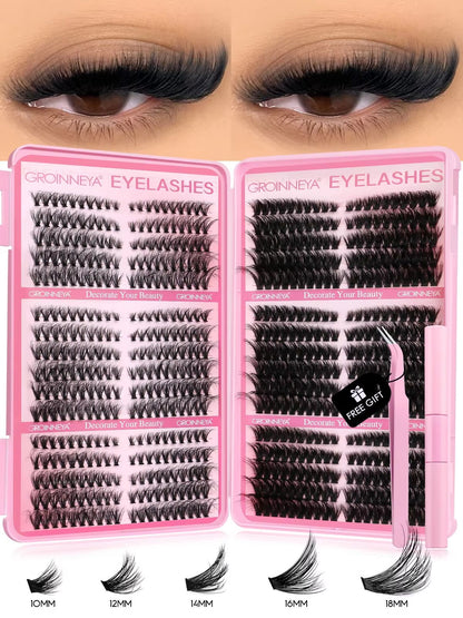 GROINNEYA DIY Eyelash Extension Kit – 640-Piece Lash Clusters with Bond & Seal for Salon-Quality Cat Eye Looks