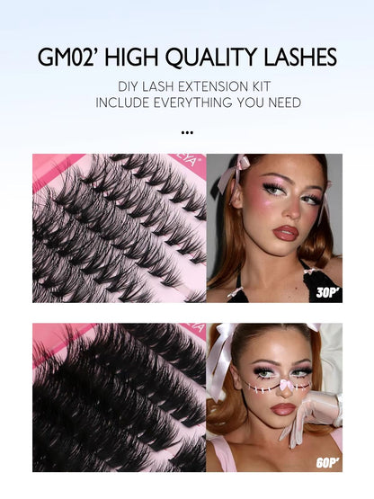 GROINNEYA DIY Eyelash Extension Kit  640Piece Lash Clusters With Bond  Seal For SalonQuality Cat Ey 3