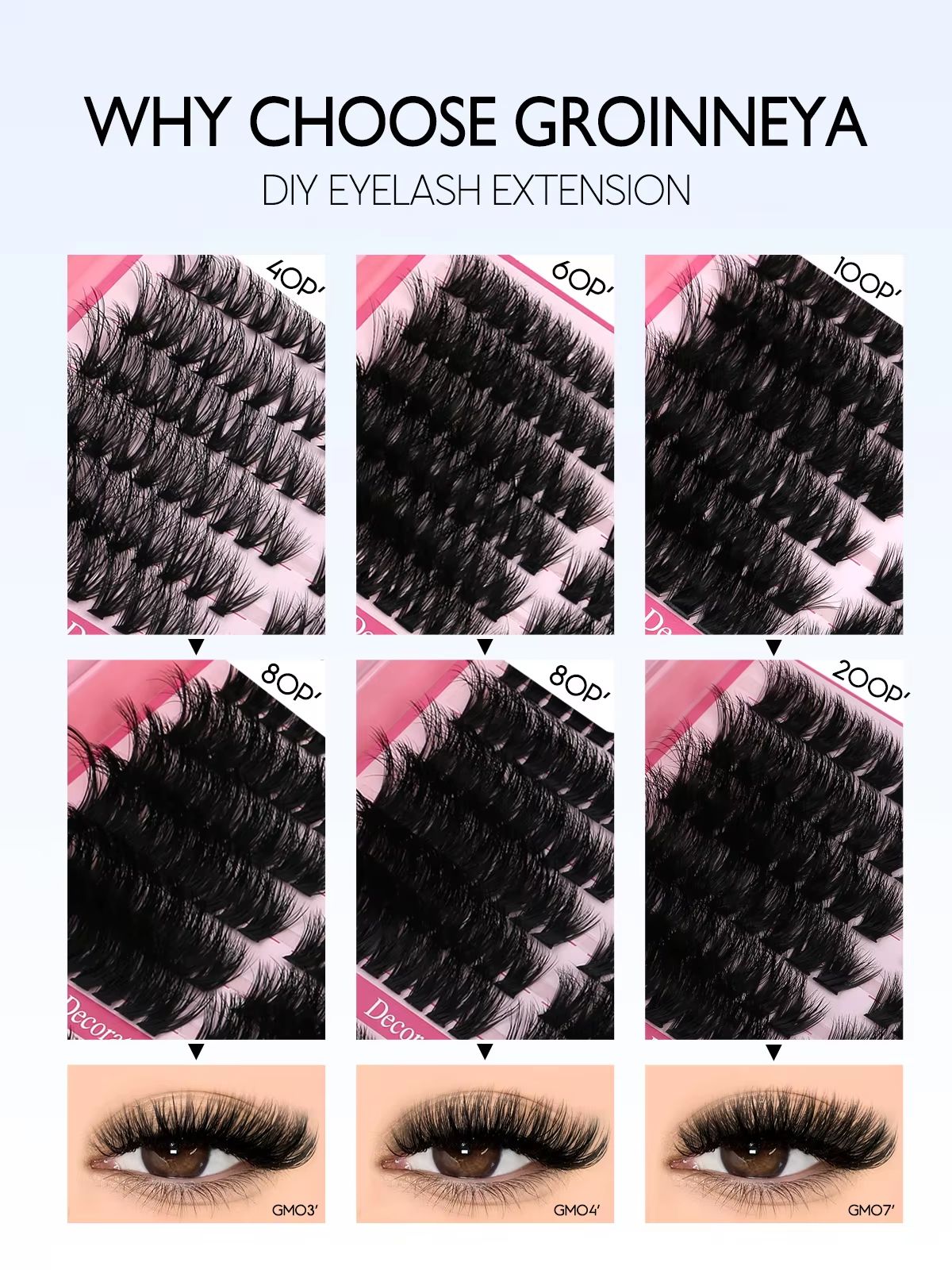 GROINNEYA DIY Eyelash Extension Kit  640Piece Lash Clusters With Bond  Seal For SalonQuality Cat Ey 4