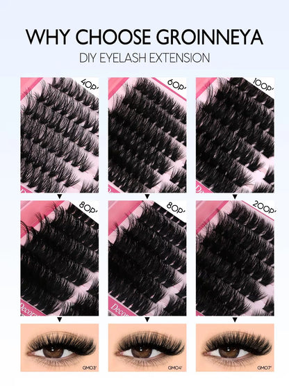 GROINNEYA DIY Eyelash Extension Kit  640Piece Lash Clusters With Bond  Seal For SalonQuality Cat Ey 4