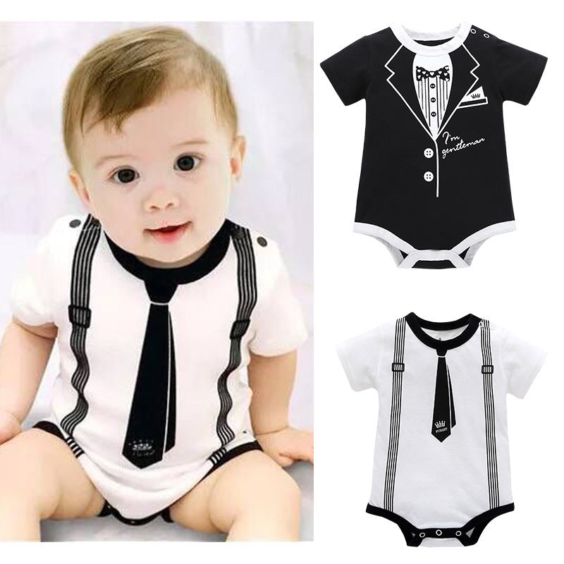 Gentleman Romper for Baby Boys, Newborn Summer Clothing, Cotton Jumpsuit with Tie Print, Short Sleeve Romper