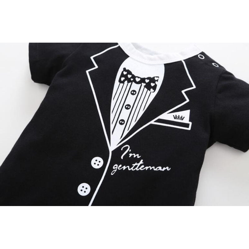Gentleman Romper for Baby Boys, Newborn Summer Clothing, Cotton Jumpsuit with Tie Print, Short Sleeve Romper