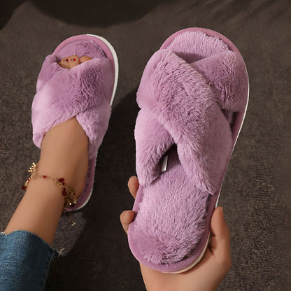 Womens Cross Warm Fluffy Furry Slippers Lightweight Flat Heel Fur Slides Autumn Winter Open Toe Non 2