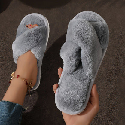 Womens Cross Warm Fluffy Furry Slippers Lightweight Flat Heel Fur Slides Autumn Winter Open Toe Non 9