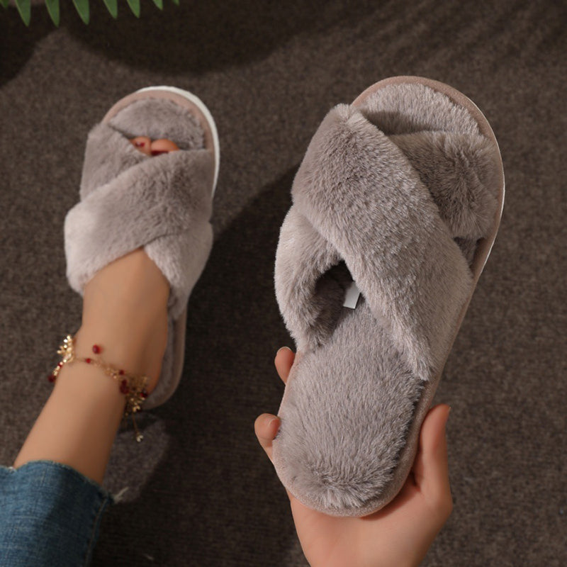 Womens Cross Warm Fluffy Furry Slippers Lightweight Flat Heel Fur Slides Autumn Winter Open Toe Non 10