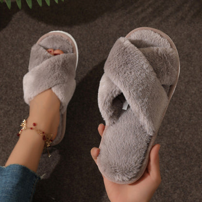 Womens Cross Warm Fluffy Furry Slippers Lightweight Flat Heel Fur Slides Autumn Winter Open Toe Non 10