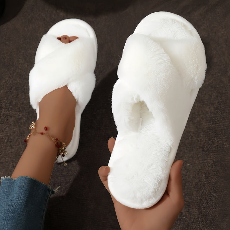 Womens Cross Warm Fluffy Furry Slippers Lightweight Flat Heel Fur Slides Autumn Winter Open Toe Non 8