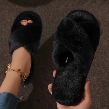 Womens Cross Warm Fluffy Furry Slippers Lightweight Flat Heel Fur Slides Autumn Winter Open Toe Non 11