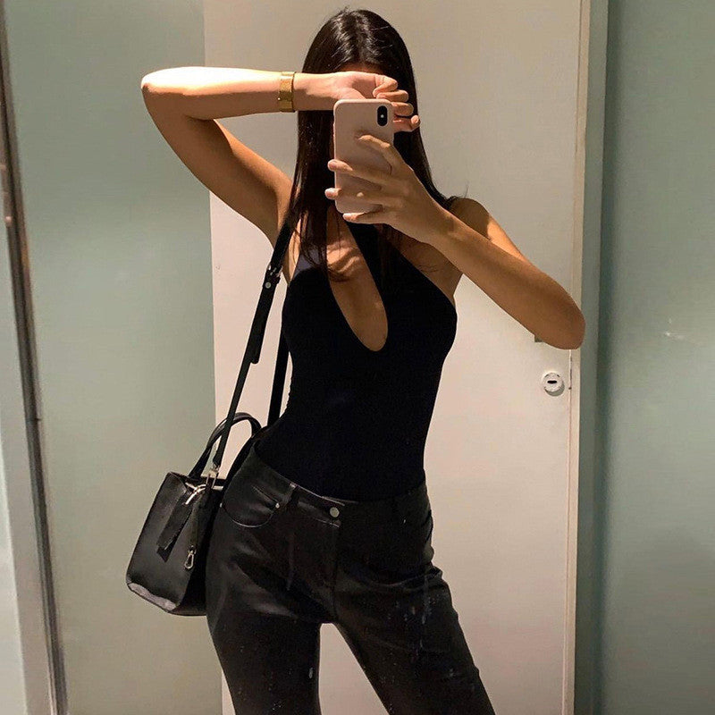 Y2K Black Bodysuit, One Shoulder Cut Out Bodycon Top for Women, Sexy Clubwear