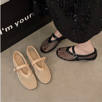 Womens Breathable Mesh Black Ballet Shoes, Spring Summer Fashion Flats with Soft Sole, Round Toe, Comfortable Girls